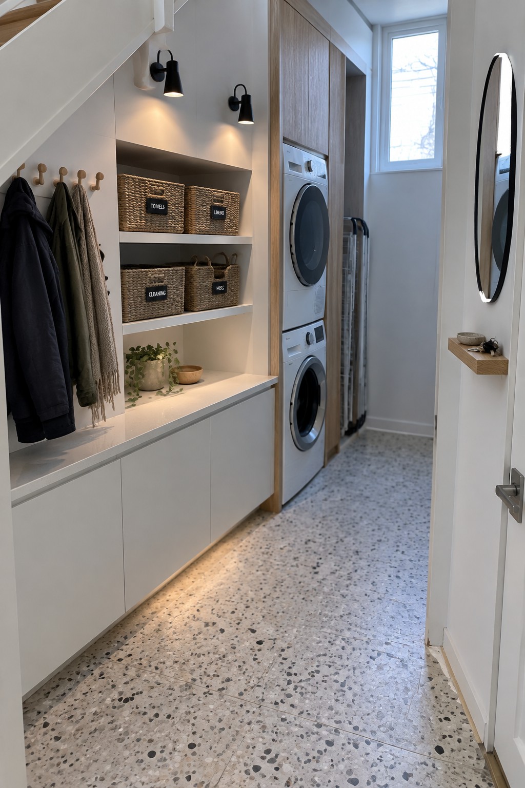 A narrow laundry room with white built-in cabinets, stacked washer and dryer, open shelves holding woven baskets labeled towels, linens, cleaning, and misc, two black wall sconces, and coats hanging on hooks under a staircase.