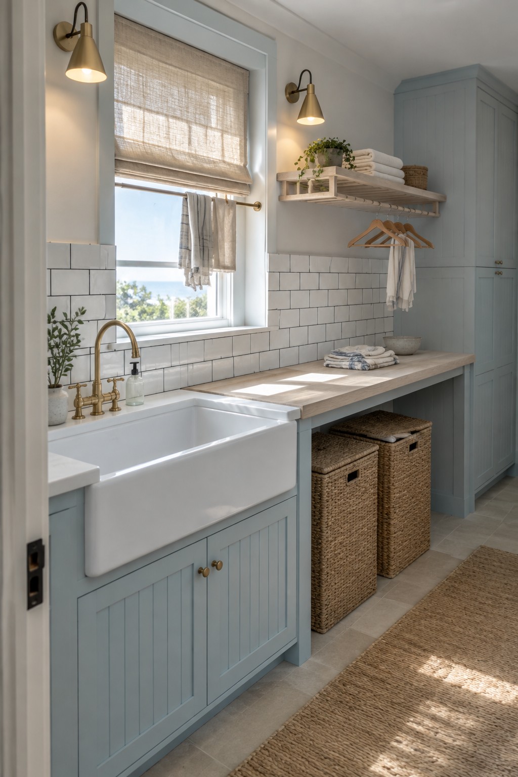 Light blue laundry room with white farmhouse sink, wooden counter, and woven baskets