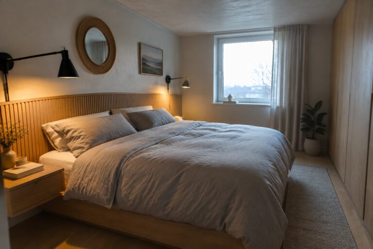 A bedroom featuring a low wooden bed with gray linen bedding, two black wall sconces mounted on the wall above the headboard, a round woven mirror, and a large window with sheer curtains.