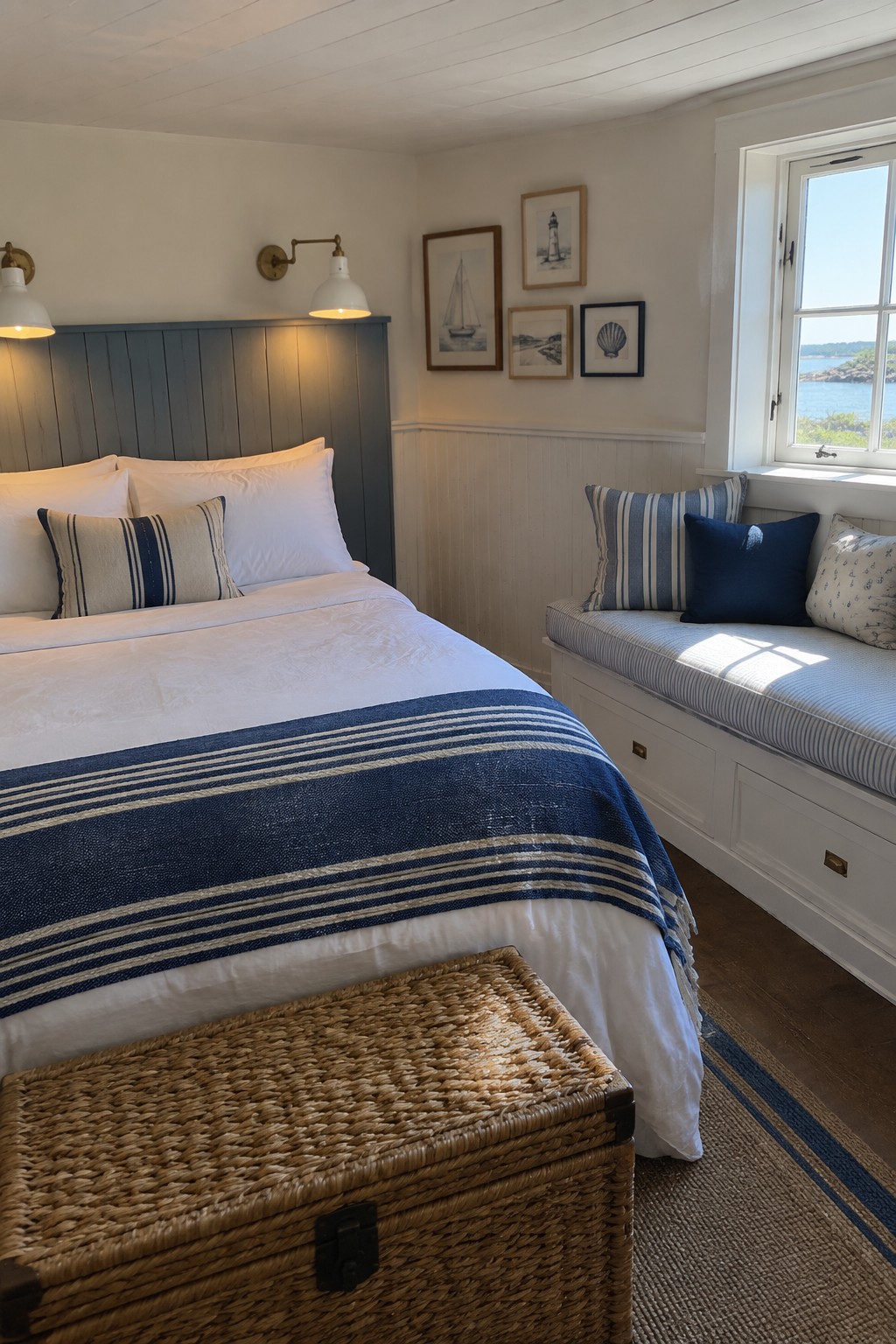 A bedroom with a white bed against a blue paneled headboard, two white wall sconces mounted above it, and a window seat with striped cushions on the right.