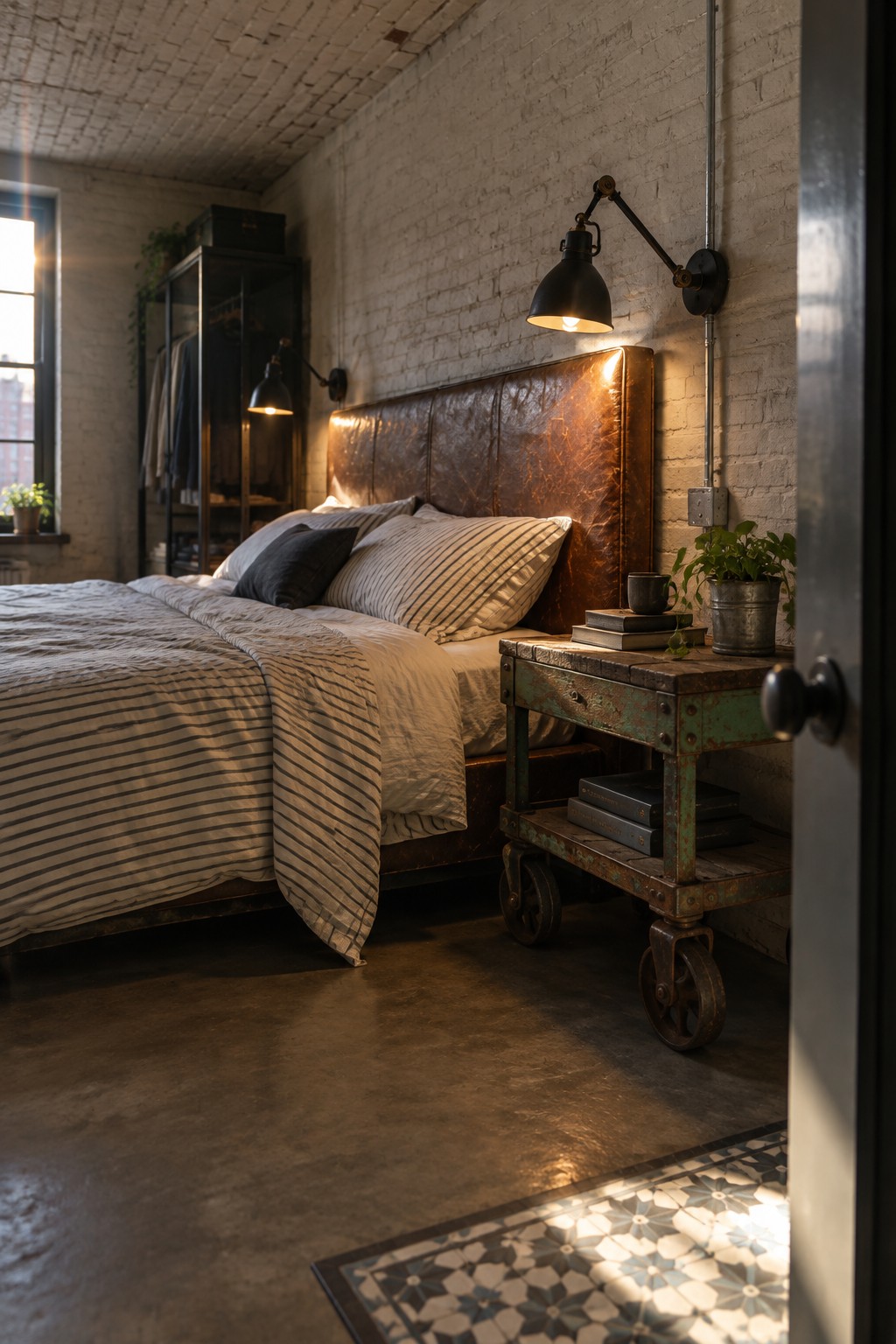 Cozy industrial bedroom with leather headboard, striped linens, green metal cart, brick walls