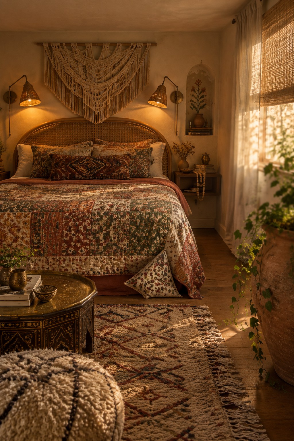 A bedroom with a large bed covered in a colorful patchwork quilt, two wall sconces with woven shades mounted on either side of the headboard, and a macrame hanging above.