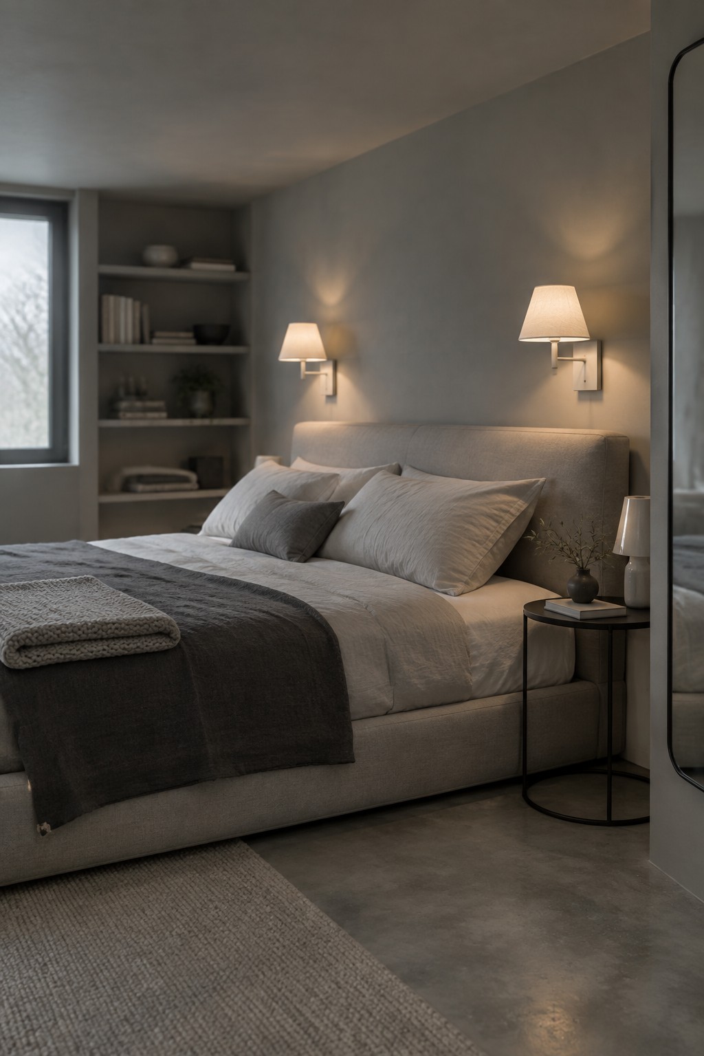 A bedroom with a large upholstered bed, layered pillows, and two wall sconces with white shades mounted symmetrically above the headboard.