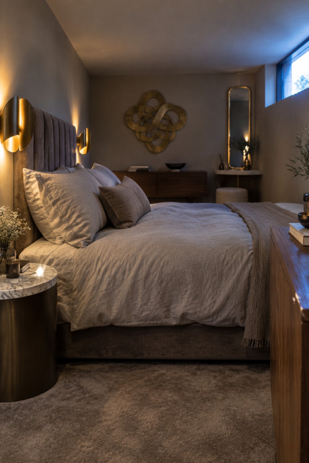 Modern bedroom with upholstered bed, marble nightstand, warm sconces, and gold wall art.