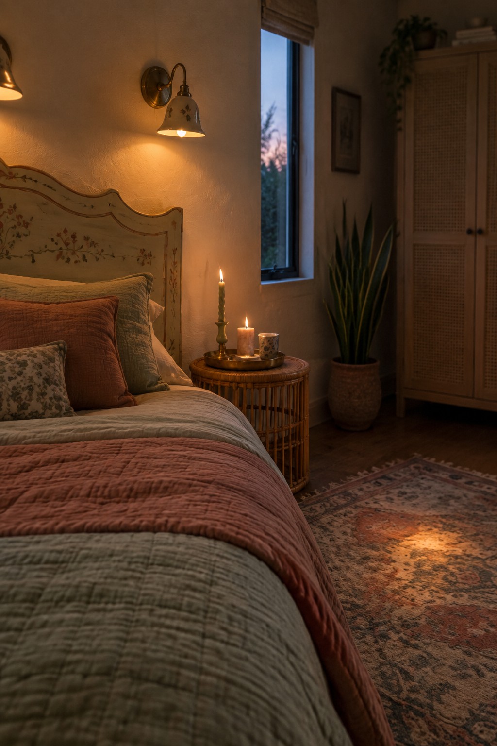 A bedroom with a painted floral headboard, layered bedding, a wicker nightstand holding lit candles, and two wall sconces mounted on the wall.