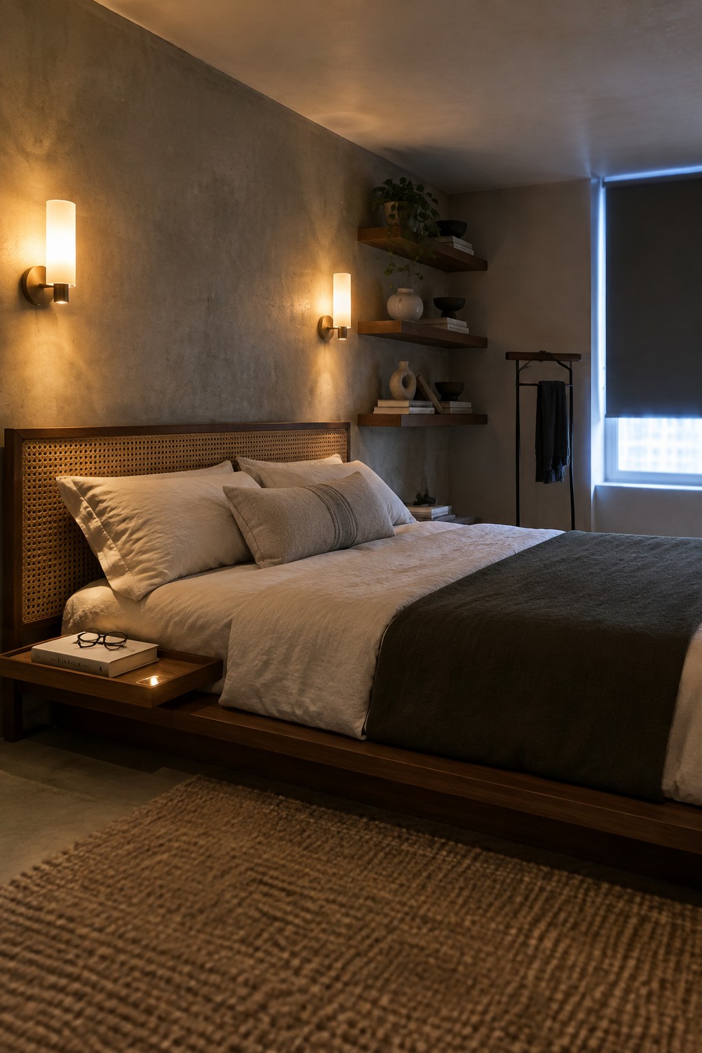A bedroom with a low wooden platform bed dressed in white and gray linens, two lit cylindrical wall sconces on a textured concrete wall, and floating wooden shelves above the bed.