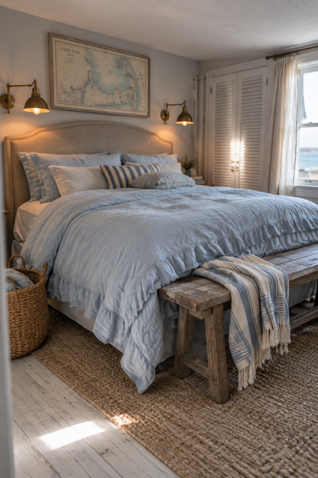 A bedroom with a bed in light blue bedding, two brass wall sconces mounted on the wall on either side, and a framed map above the headboard.
