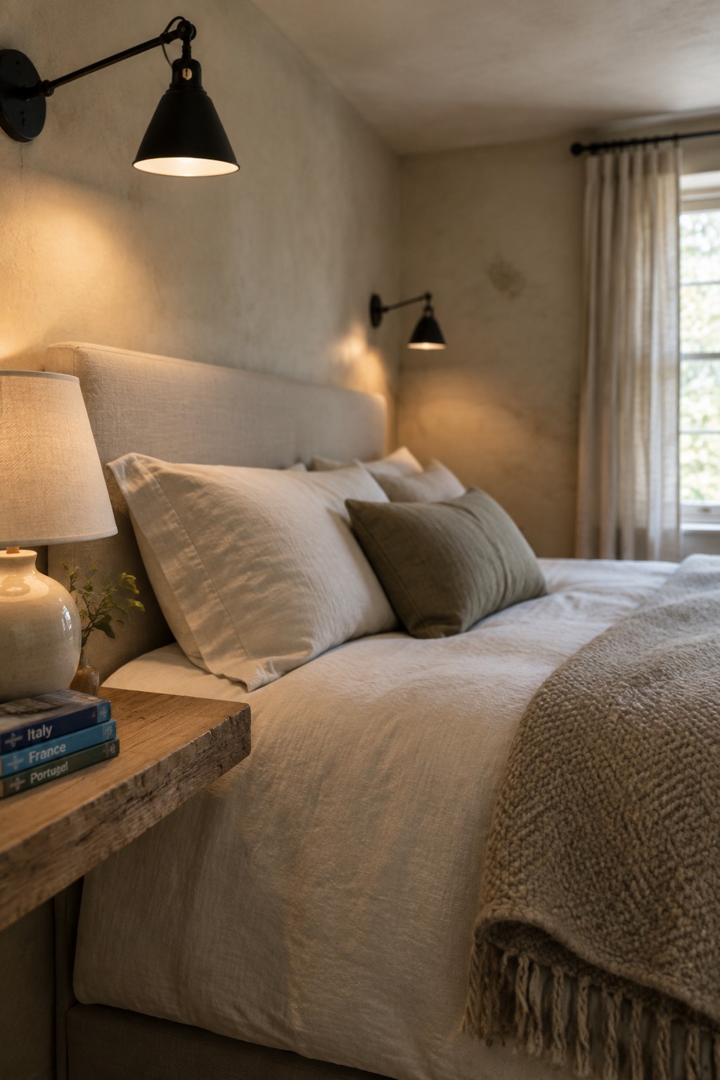 A bedroom corner showing a bed with white and beige pillows and a chunky knit blanket, a wall sconce with a black arm and cone shade above the headboard, and a wooden nightstand holding stacked books and a ceramic lamp.
