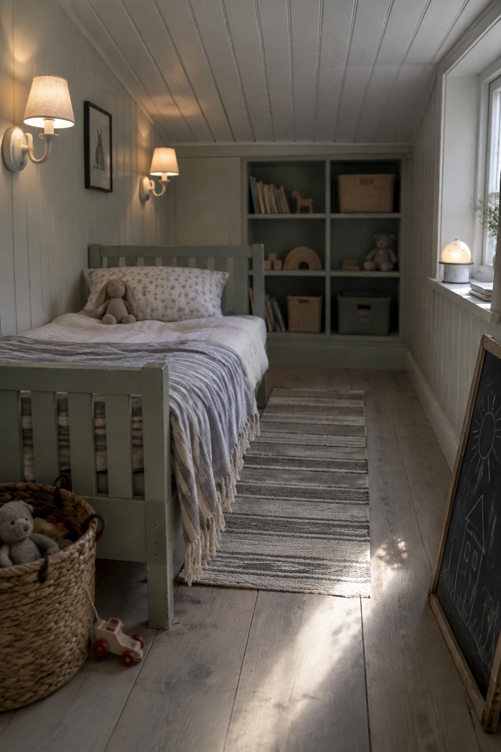 A child's bedroom with white paneled ceiling and light green walls shows two lit wall sconces above a bed with a striped blanket, next to built-in shelves and a striped rug.