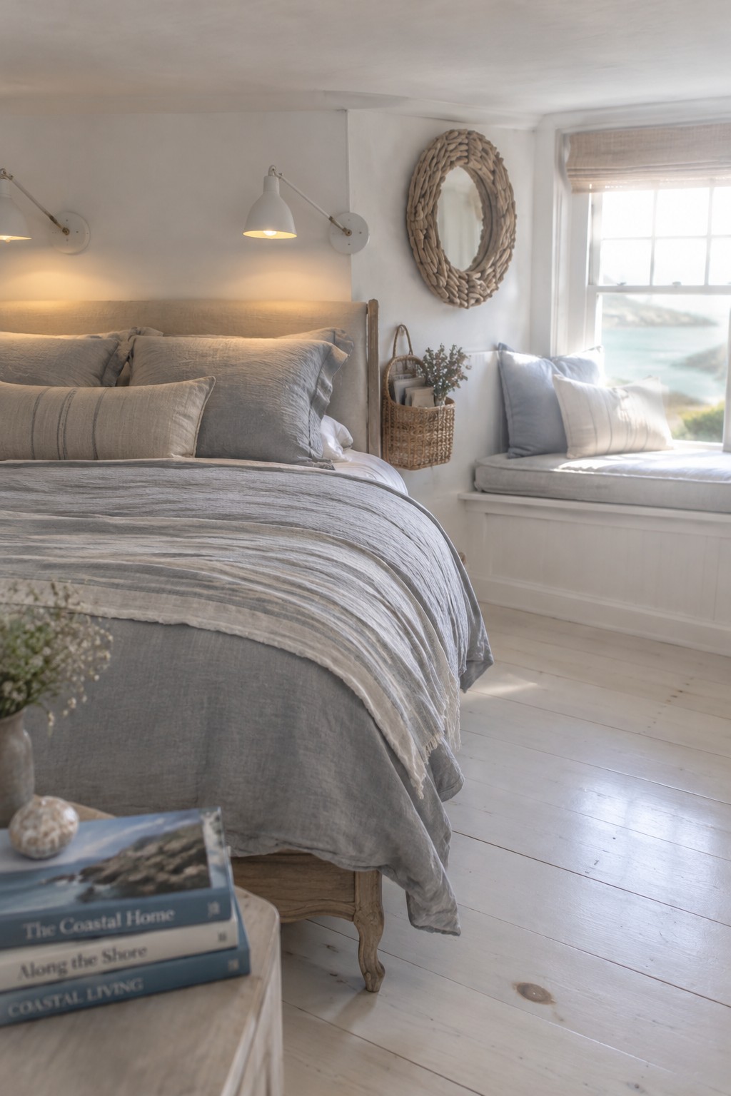 A bedroom with a bed dressed in gray linens, two white wall sconces mounted above the headboard, and a window seat overlooking the water.