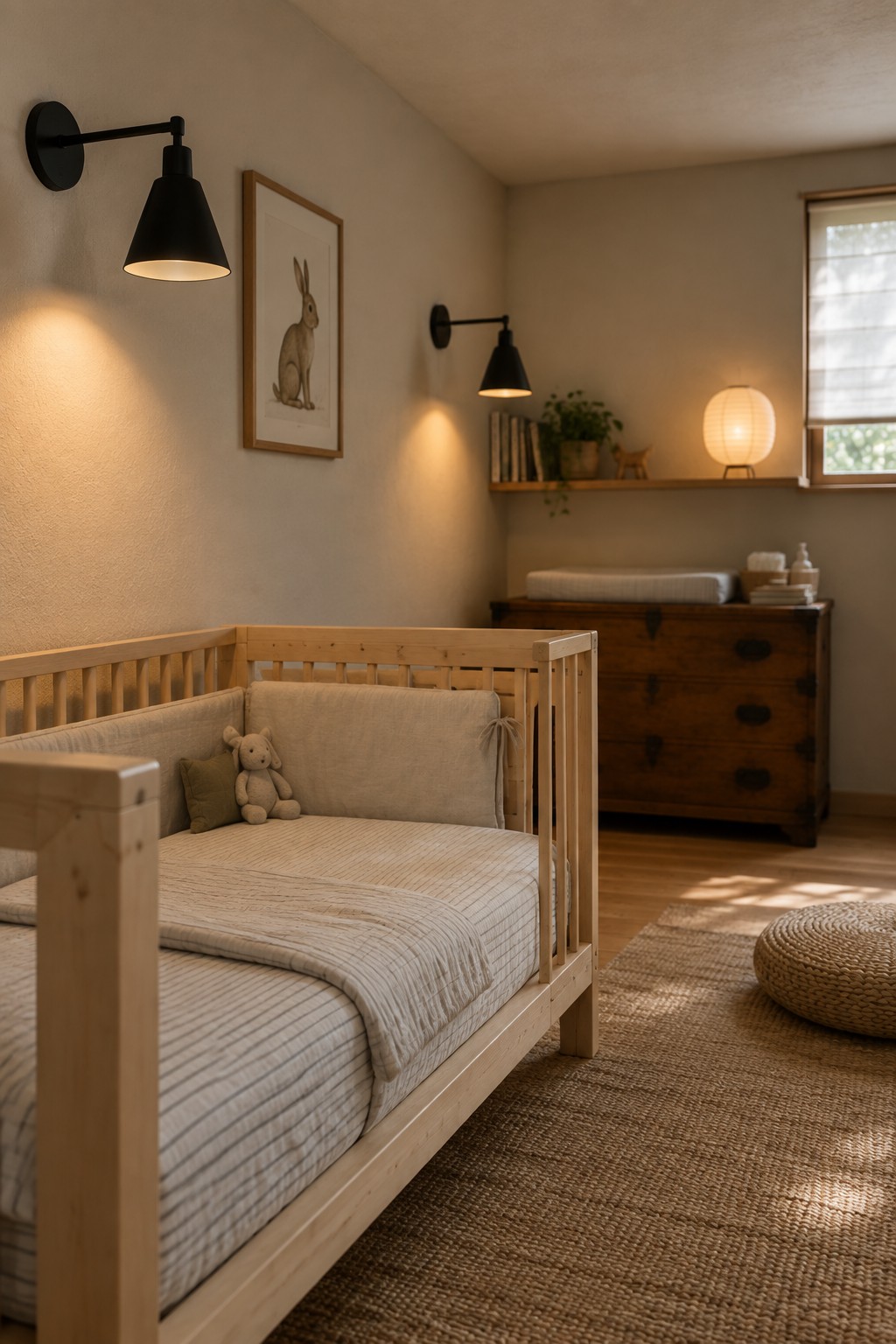 A wooden toddler bed with striped bedding and a small stuffed rabbit sits below two black wall sconces and a framed rabbit print in a calm nursery with a wooden dresser and woven rug.