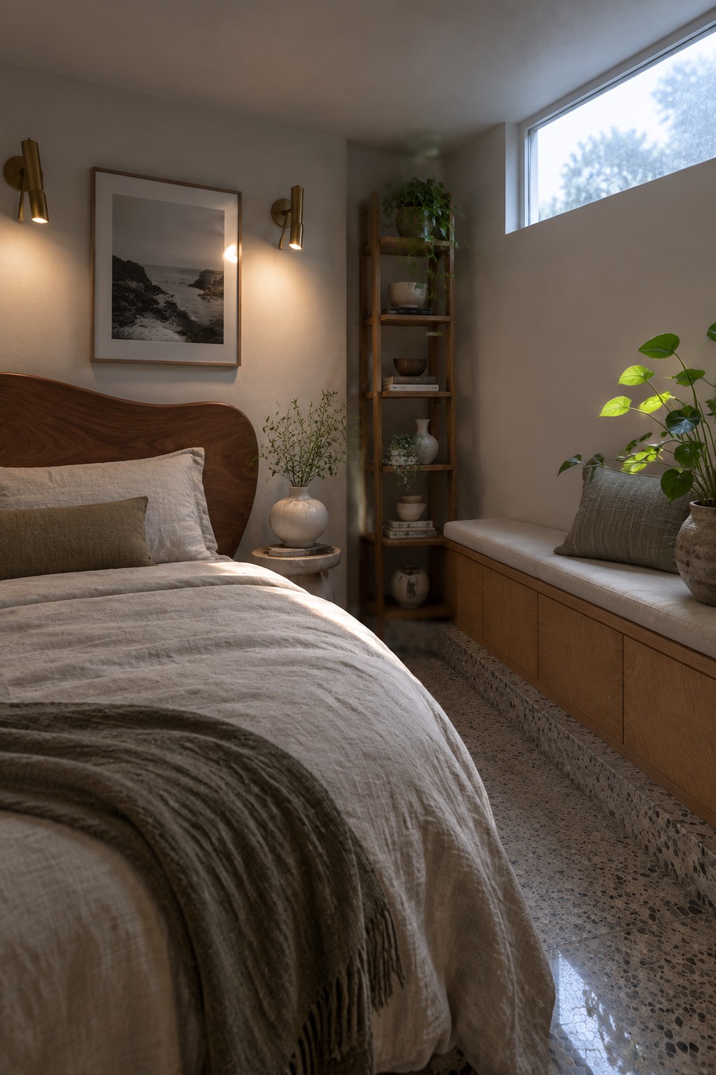 Minimalist bedroom with wooden bed, linen bedding, tall shelf, and window seat.