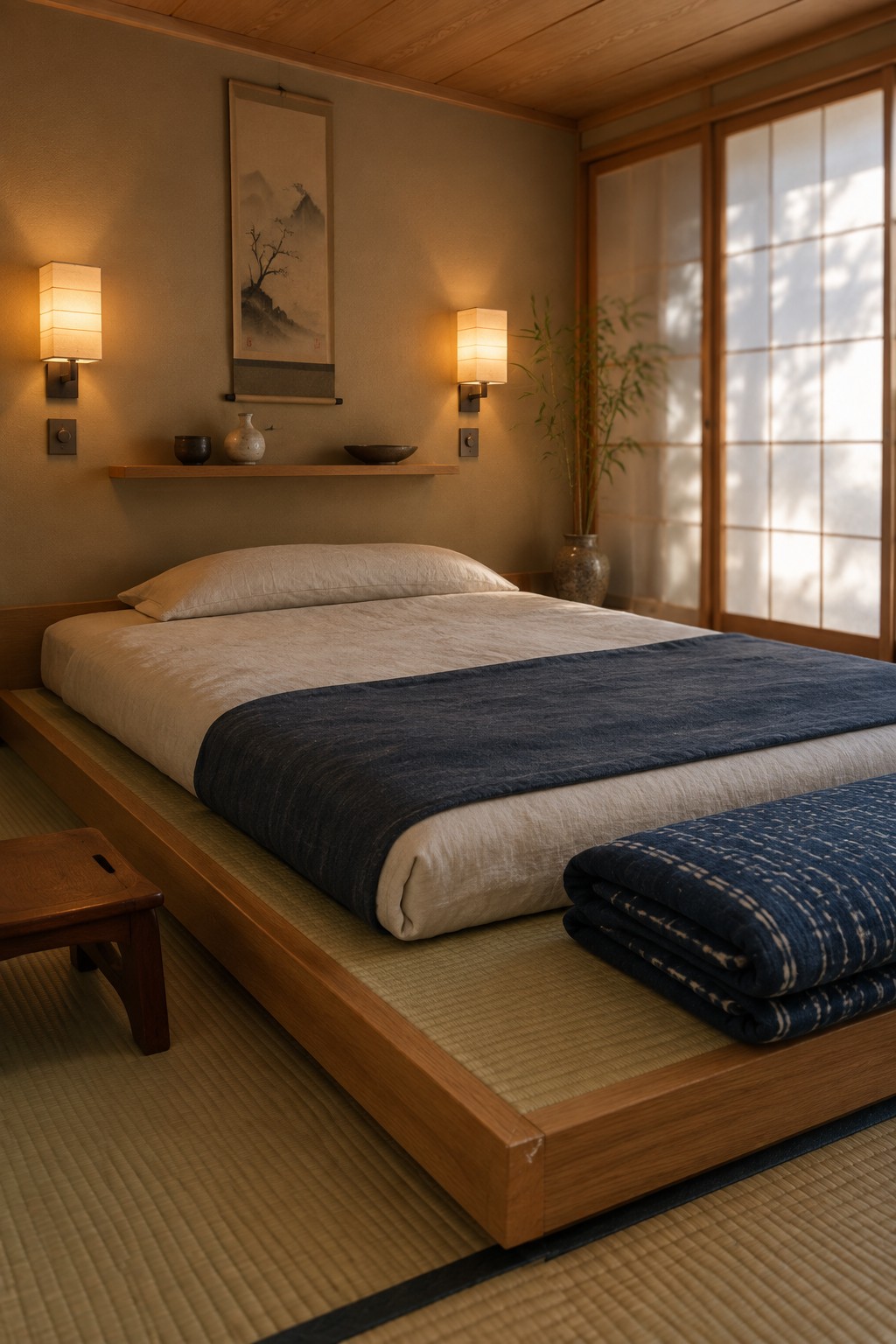 A low wooden bed on tatami mats in a Japanese-style room is lit by two wall sconces placed on either side of a hanging scroll.