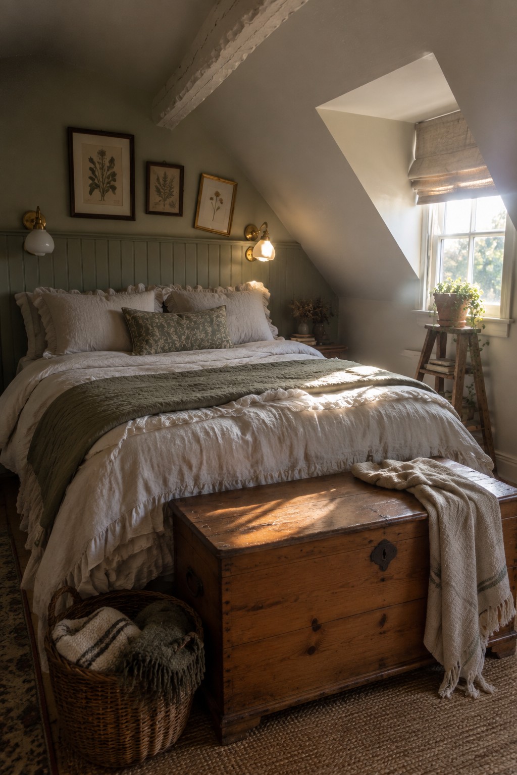 A bedroom with a sloped ceiling shows a bed with white linens and two wall sconces mounted on a green paneled wall.