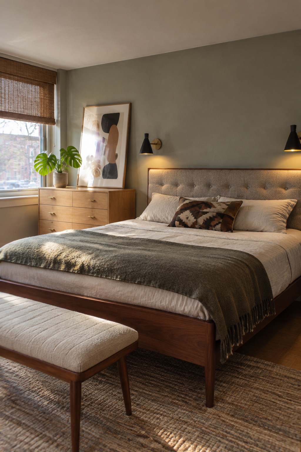 A bedroom with a wooden bed frame, tufted upholstered headboard, and two black wall sconces mounted symmetrically on a green wall above the bed.