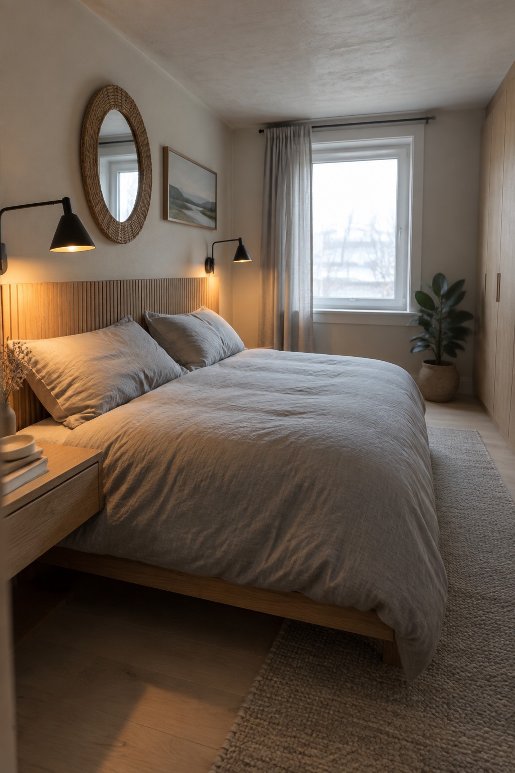 A bedroom featuring a low wooden bed with gray linen bedding, two black wall sconces mounted on the wall above the headboard, a round woven mirror, and a large window with sheer curtains.