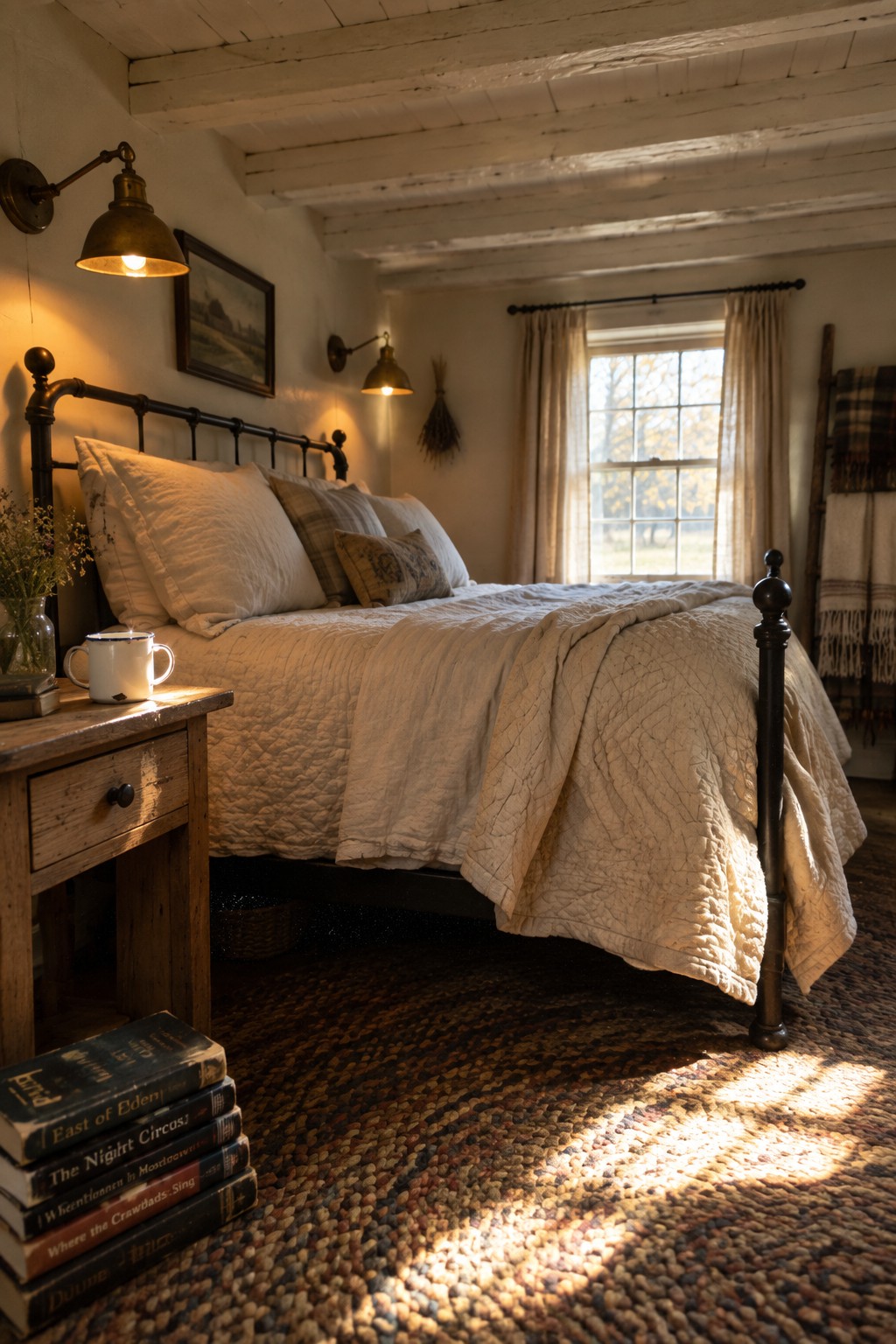 A bedroom interior with a dark metal bed, white linens, wooden nightstand holding a mug and books, and two brass wall sconces emitting warm light.