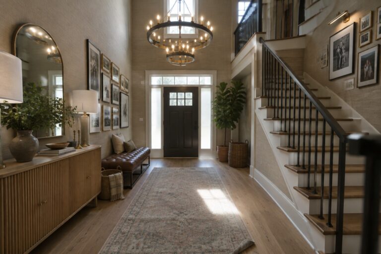 A two-story entryway with a large round chandelier centered above a long runner rug, a staircase with black railings on the right, and a dark front door at the far end.