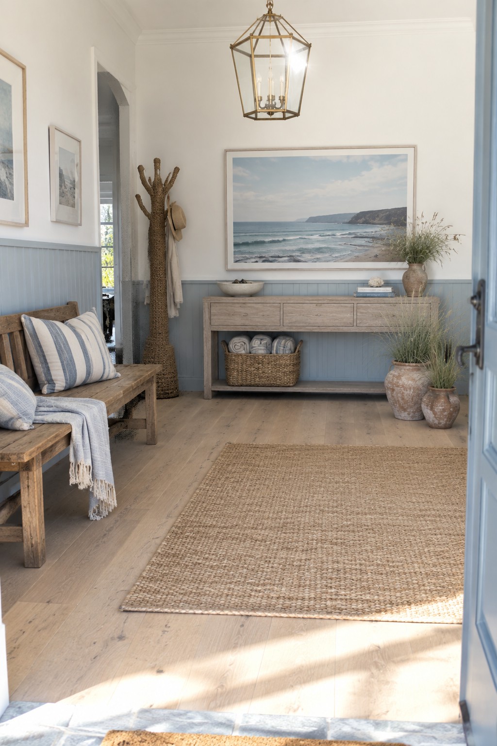 A bright foyer interior showing a brass lantern chandelier hanging above a light wood console table, with a wooden bench holding striped pillows and a large framed beach photograph on the wall.