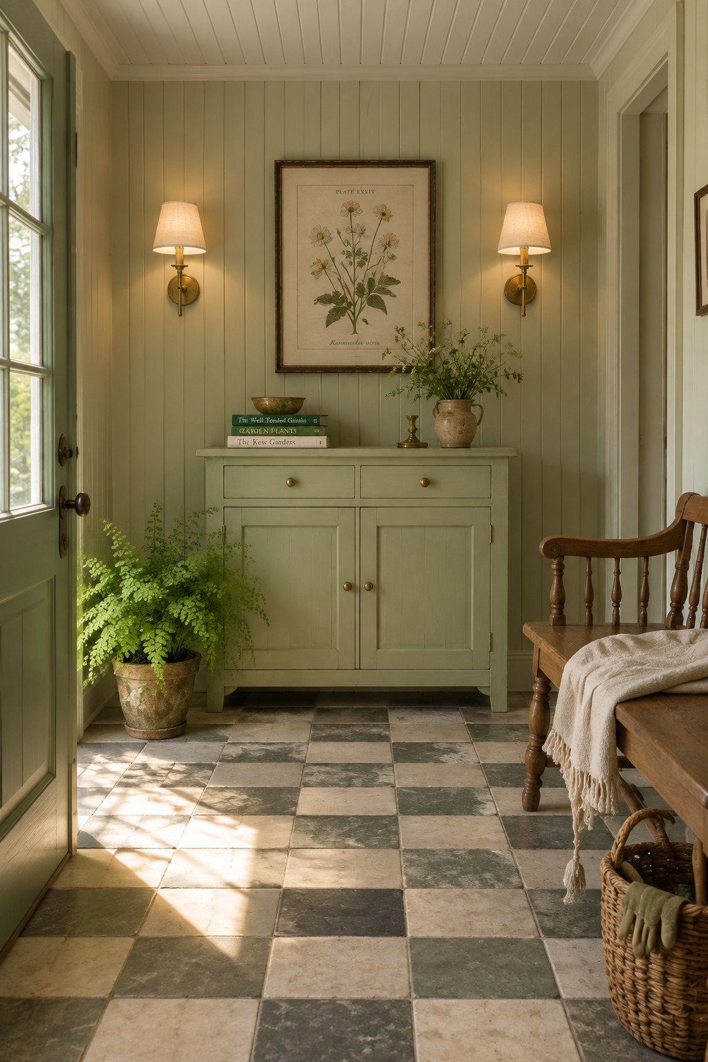An entryway with sage green walls, a console cabinet, a framed botanical print centered above it, and two lit wall sconces mounted symmetrically on either side.