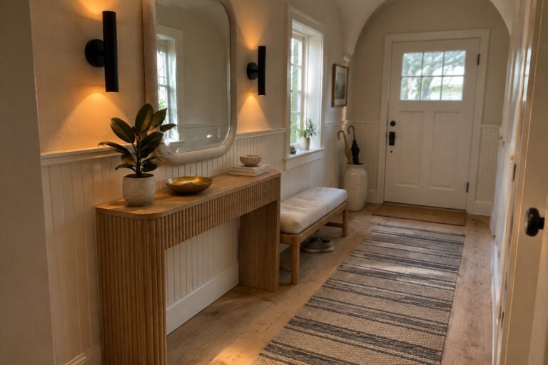 A narrow interior entryway with a light wood console table beneath an oval mirror, two black cylindrical wall sconces mounted on either side, a fabric bench to the left, and a white front door visible in the background.