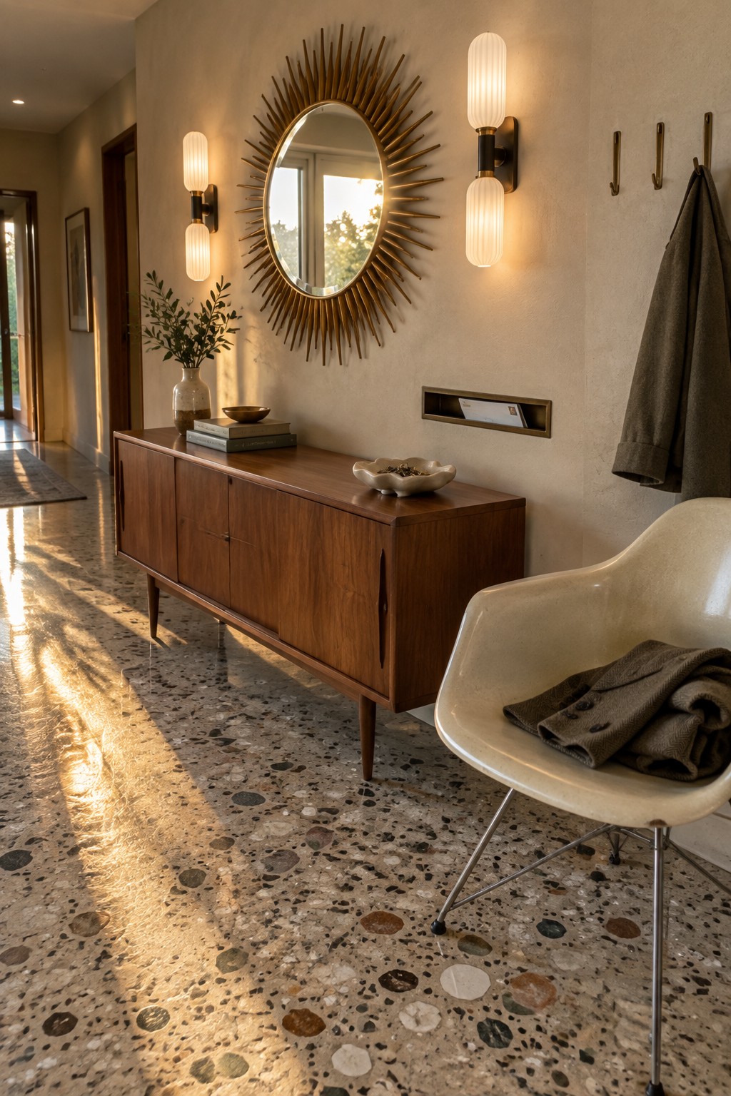 An entryway with a round sunburst mirror centered between two lit wall sconces above a long wooden console on a terrazzo floor.