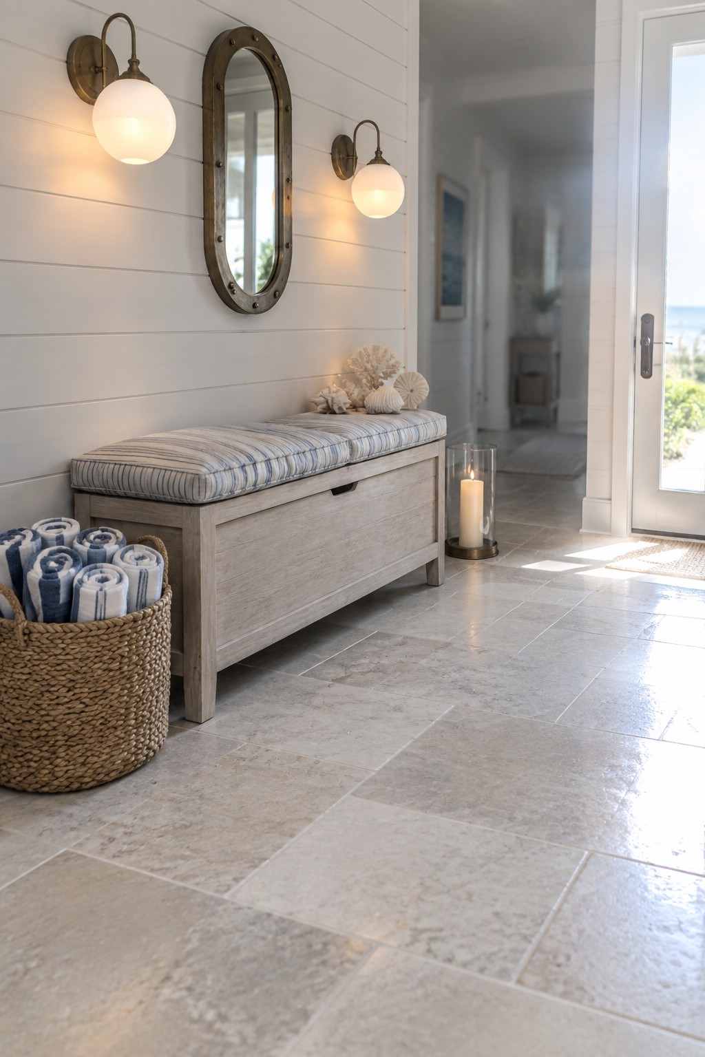 A wooden storage bench with a striped cushion sits below an oval mirror, flanked by two brass wall sconces with white globe shades on a white shiplap wall.