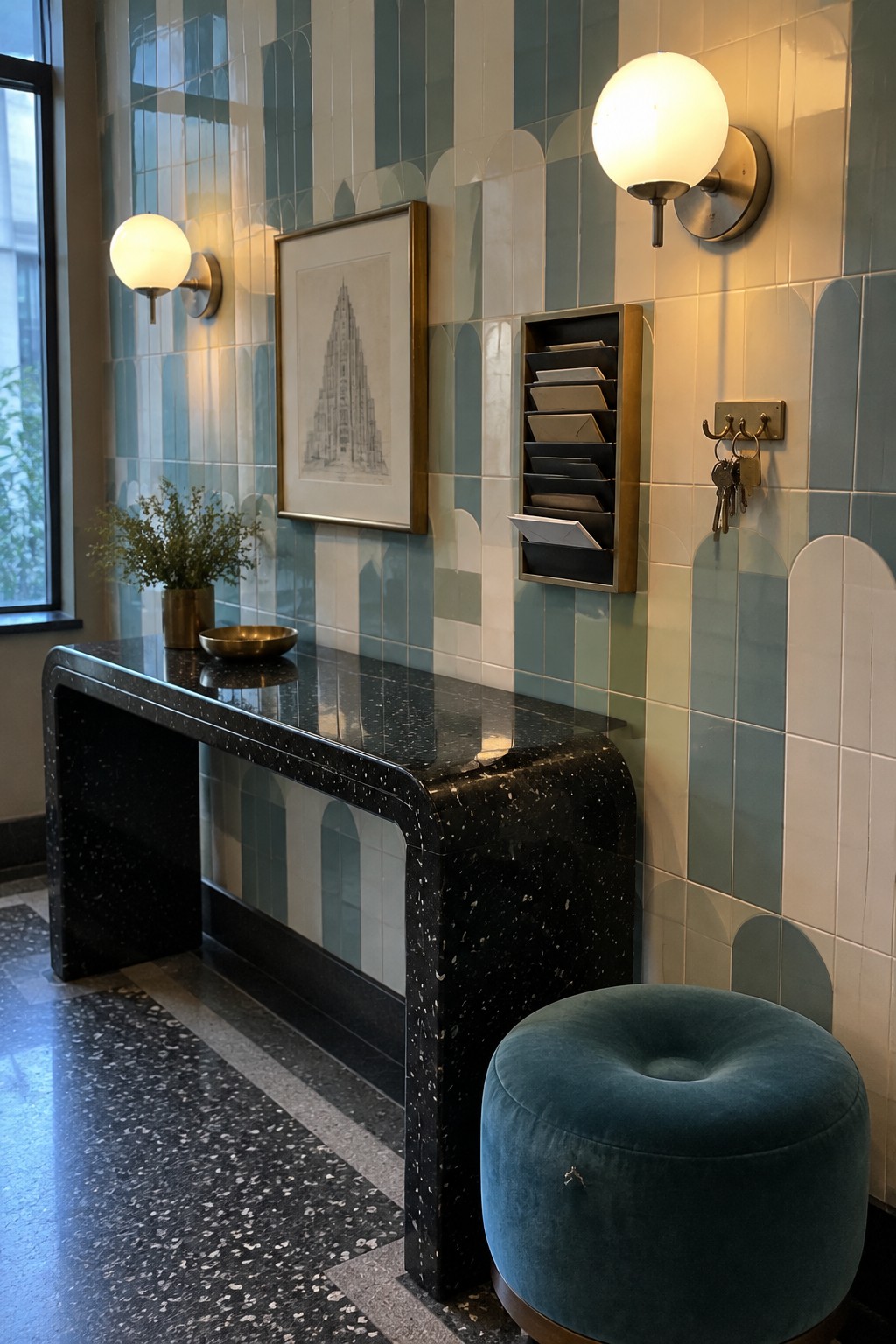 An entryway with a black speckled console table against a blue and white arched tile wall, two round wall sconces, a framed drawing centered above the table, and a teal ottoman in the foreground.