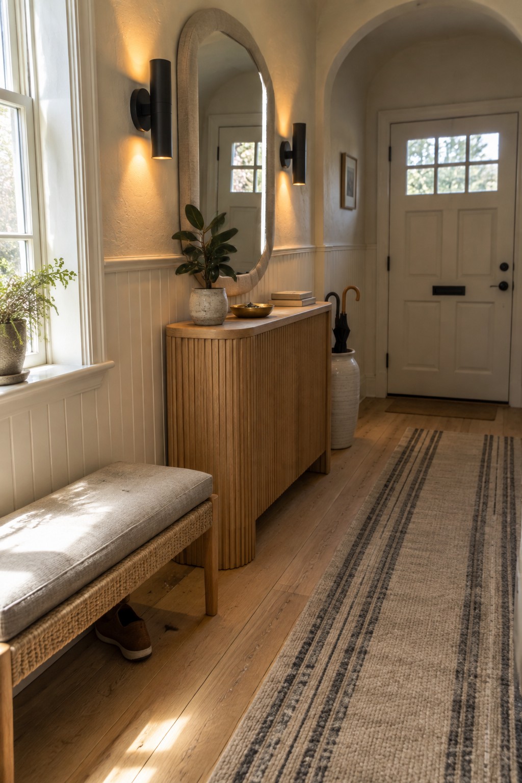 A narrow interior entryway with a light wood console table beneath an oval mirror, two black cylindrical wall sconces mounted on either side, a fabric bench to the left, and a white front door visible in the background.