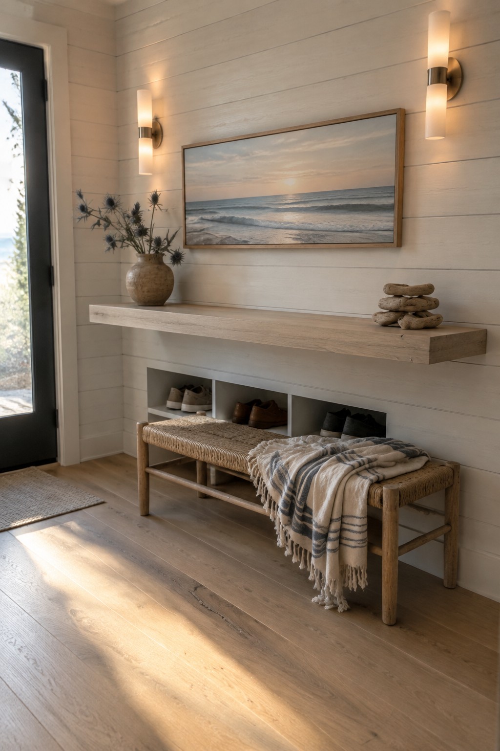 Wooden bench with striped blanket under ocean painting on white shiplap wall with sconces