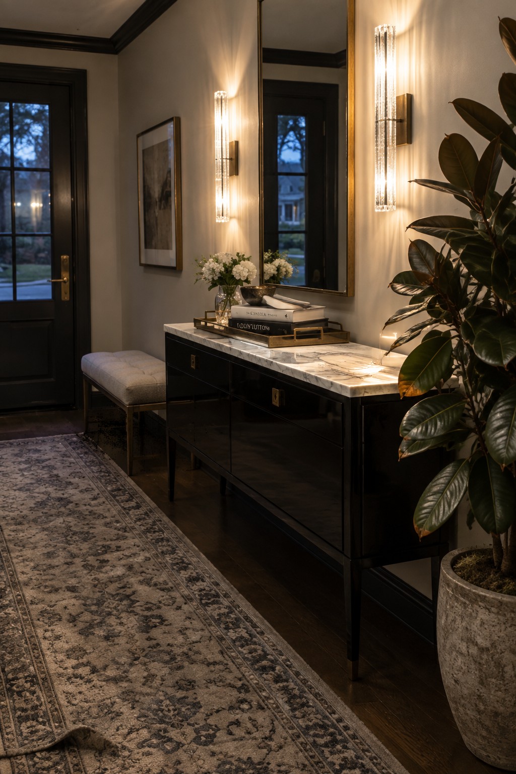 A home entryway with a black console table under a large mirror, flanked by two tall vertical wall sconces.