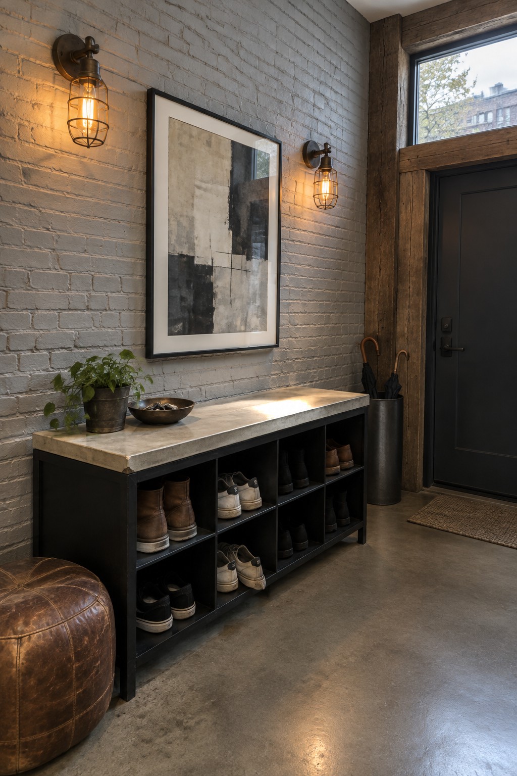 An entryway with a long black shoe storage bench topped with concrete, positioned below a large framed abstract painting on a white brick wall, lit by two industrial wall sconces.