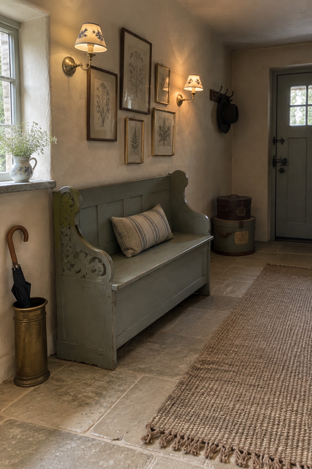 An entryway interior with a gray wooden bench, two wall sconces with floral shades, and framed botanical prints on a textured wall.