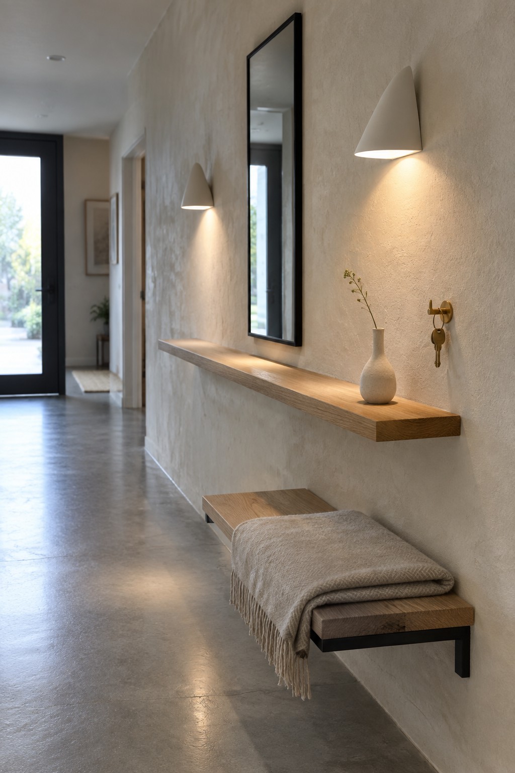 A narrow interior entry hallway with a long wooden floating shelf, a lower wooden bench holding a folded blanket, a black-framed mirror, two white cone-shaped wall sconces, and a set of keys on a hook against a textured plaster wall.