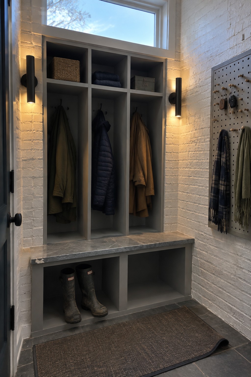 Built-in gray entryway storage with cubbies, hanging coats, boots below, and black wall sconces mounted on a white brick wall.