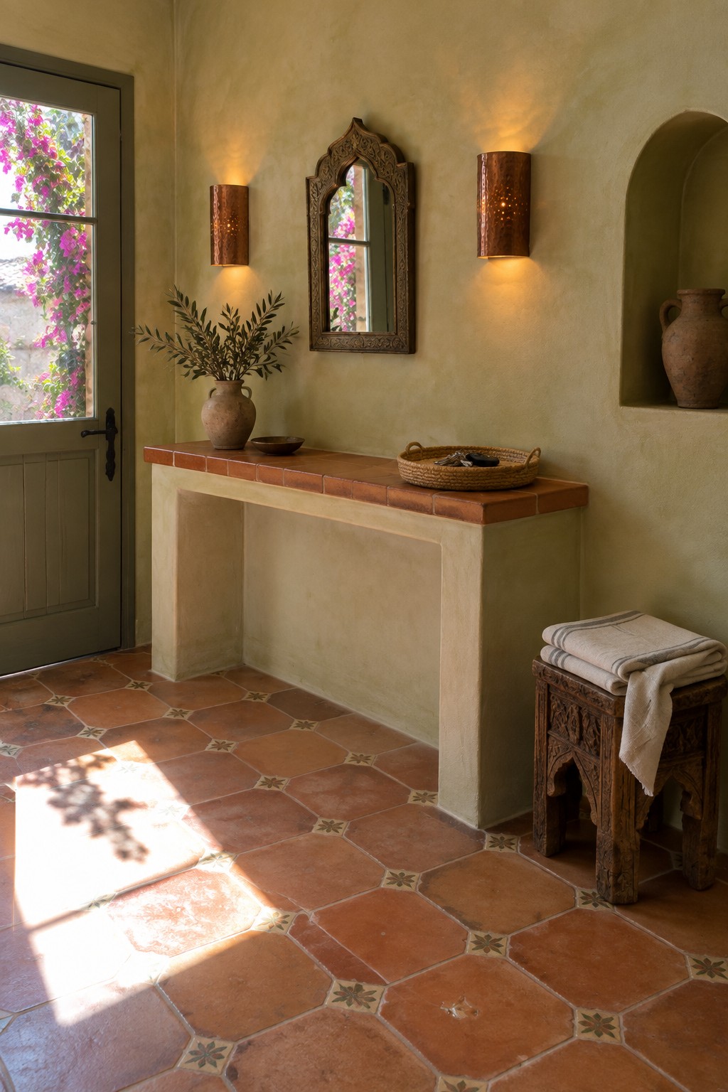 Rustic stucco foyer with terracotta console, mirror, copper sconces, and wooden stool.