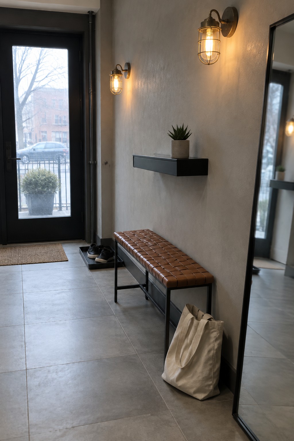 An entryway with two wall sconces mounted on a textured wall above a brown woven leather bench, a black floating shelf with a small potted plant, and a black door to the left.