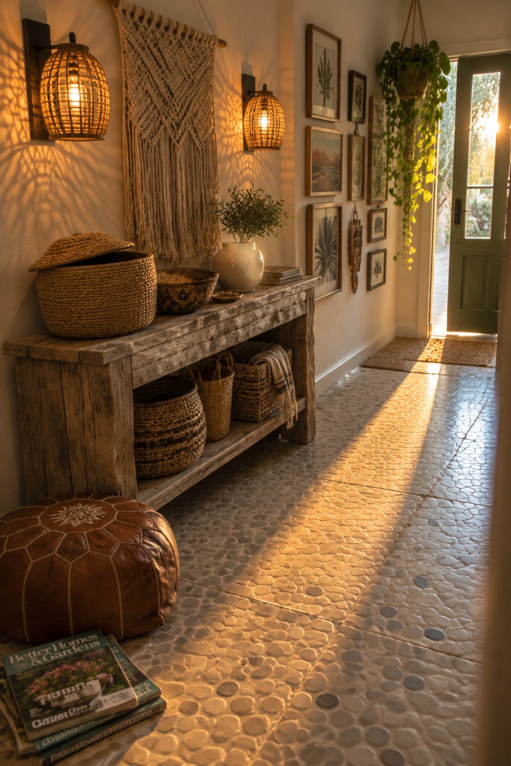 A narrow entry hallway with a rustic wood console table, woven baskets, a brown leather pouf, macrame wall hanging, framed art, and two lit wall sconces with woven shades casting warm light on a pebble tile floor.