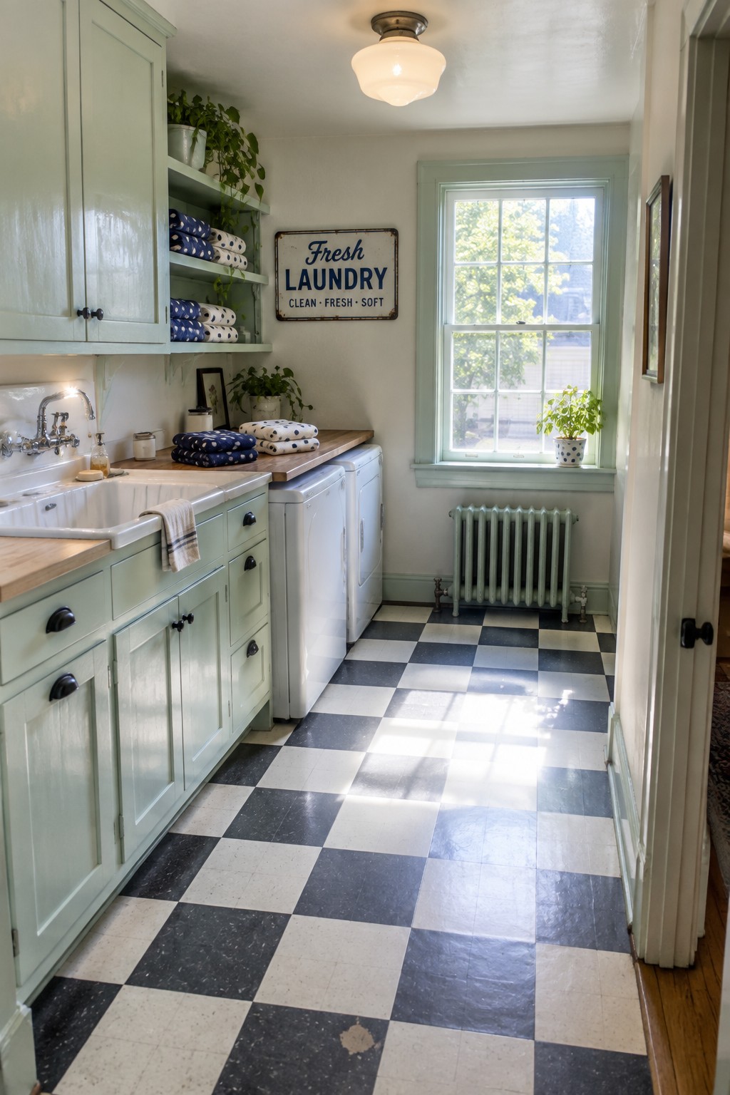 A laundry room with light green cabinets, a white sink, washer and dryer, checkered floor, and a white glass ceiling light fixture.