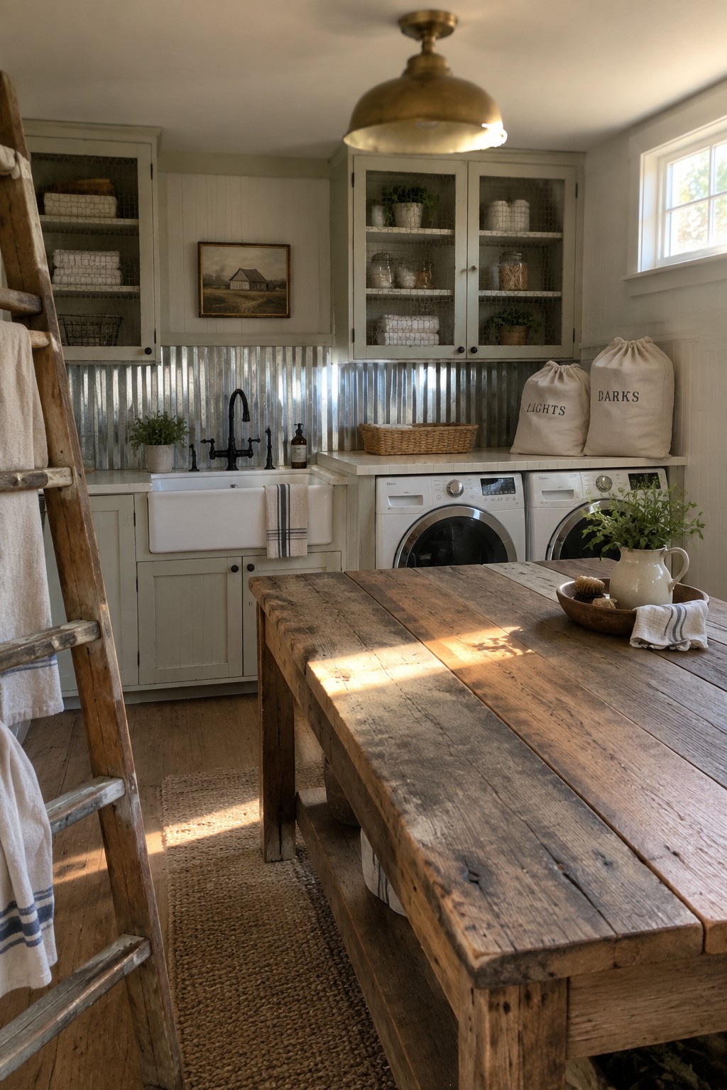 A laundry room interior with white cabinets, a farmhouse sink, two front-loading washers, a corrugated metal backsplash, and a large brass dome pendant light centered above a rustic wooden table.