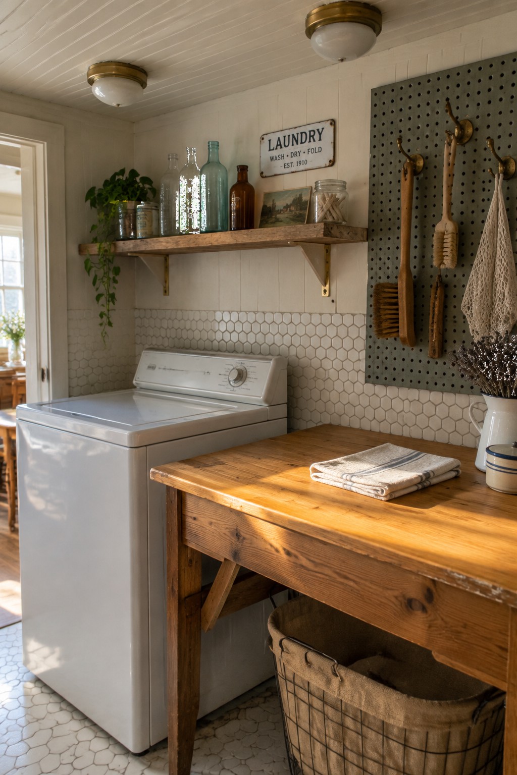 White washer, wooden counter with towel, pegboard tools, and laundry sign on wall.