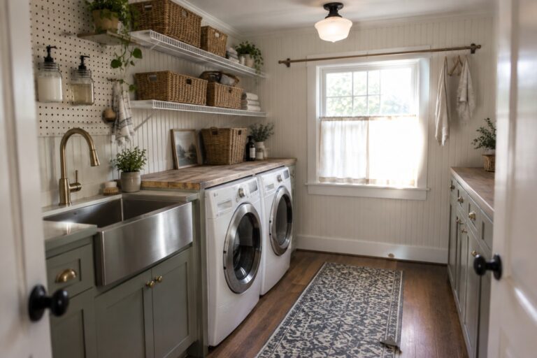 19 Budget-Friendly Laundry Room Lighting Ideas Using Affordable Ceiling Fixtures A laundry room interior with white beadboard walls, sage green cabinets, a farmhouse sink, two white front-loading washers, open shelves with baskets, and a white glass dome ceiling light with black base.