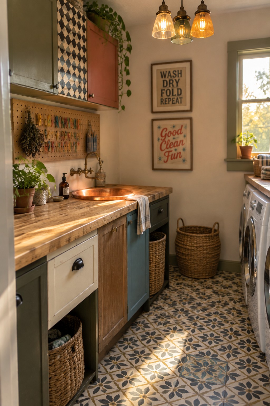 A laundry room with a wooden counter, copper sink, and three glass pendant lights hanging from the ceiling above the workspace.