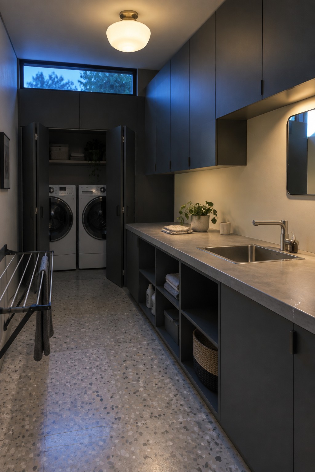 A laundry room with dark gray cabinets, a concrete countertop and sink, two front-loading washers, open shelving, and a round white ceiling light fixture.