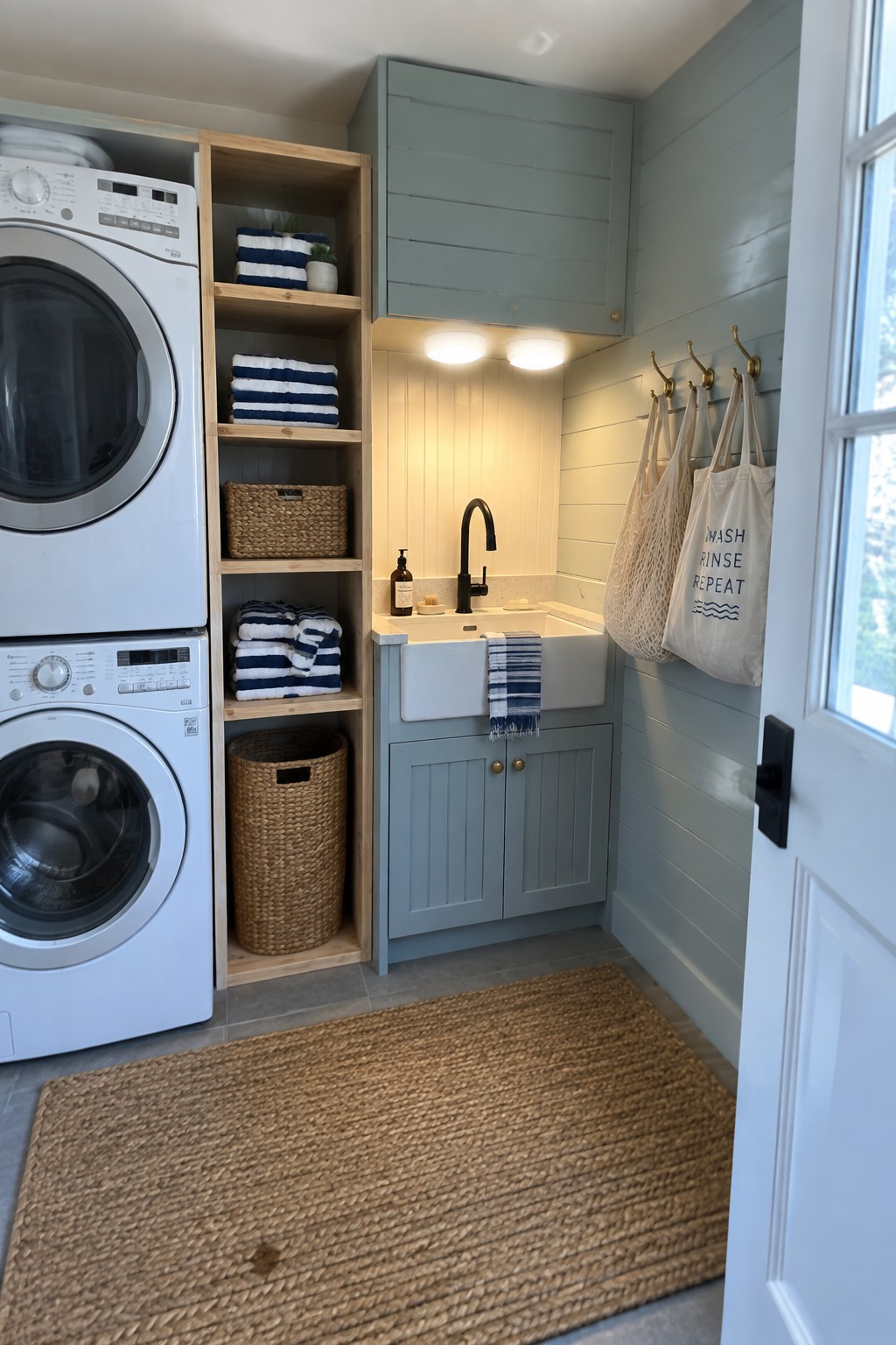 Stacked white washer-dryer, blue sink cabinet, towel shelves, hooks, and jute rug.
