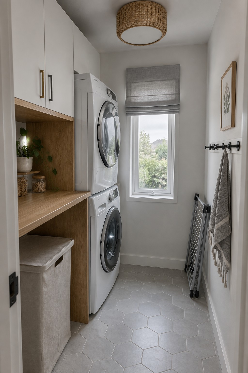 A narrow laundry room with stacked white washer and dryer, white cabinets, a woven drum ceiling light, and a small window with a gray shade.