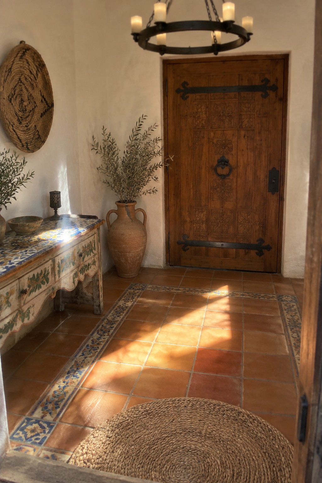 A foyer interior showing a black metal ring chandelier with lit candles, a carved wooden door, terracotta tile flooring with a decorative border, a large clay vase with branches, and a painted tile console table against a white wall.