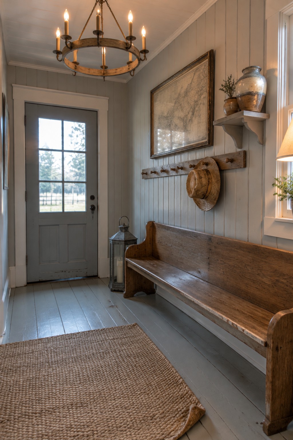 A wooden candle-style chandelier hangs from the ceiling in a light gray foyer with a wooden bench, coat hooks, and a front door.