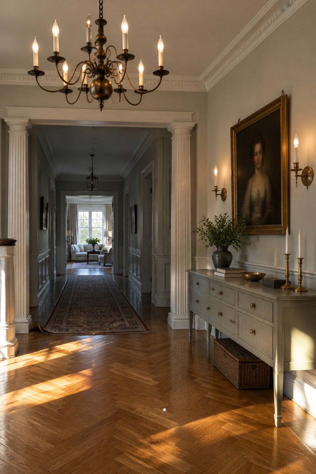 A spacious interior foyer with a large multi-arm brass candle-style chandelier suspended above a herringbone hardwood floor, a long patterned runner extending down the hallway, and a gray console table beneath a framed portrait on the right wall.