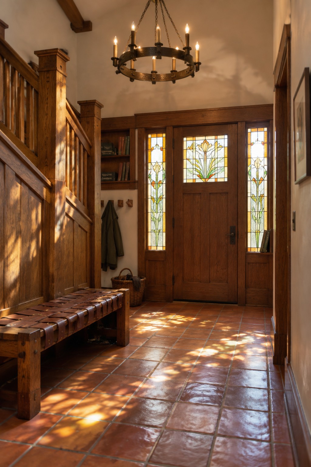 A sunlit traditional foyer featuring a dark metal candle-style chandelier above terracotta tile flooring, a wooden bench, and a front door with stained glass panels.
